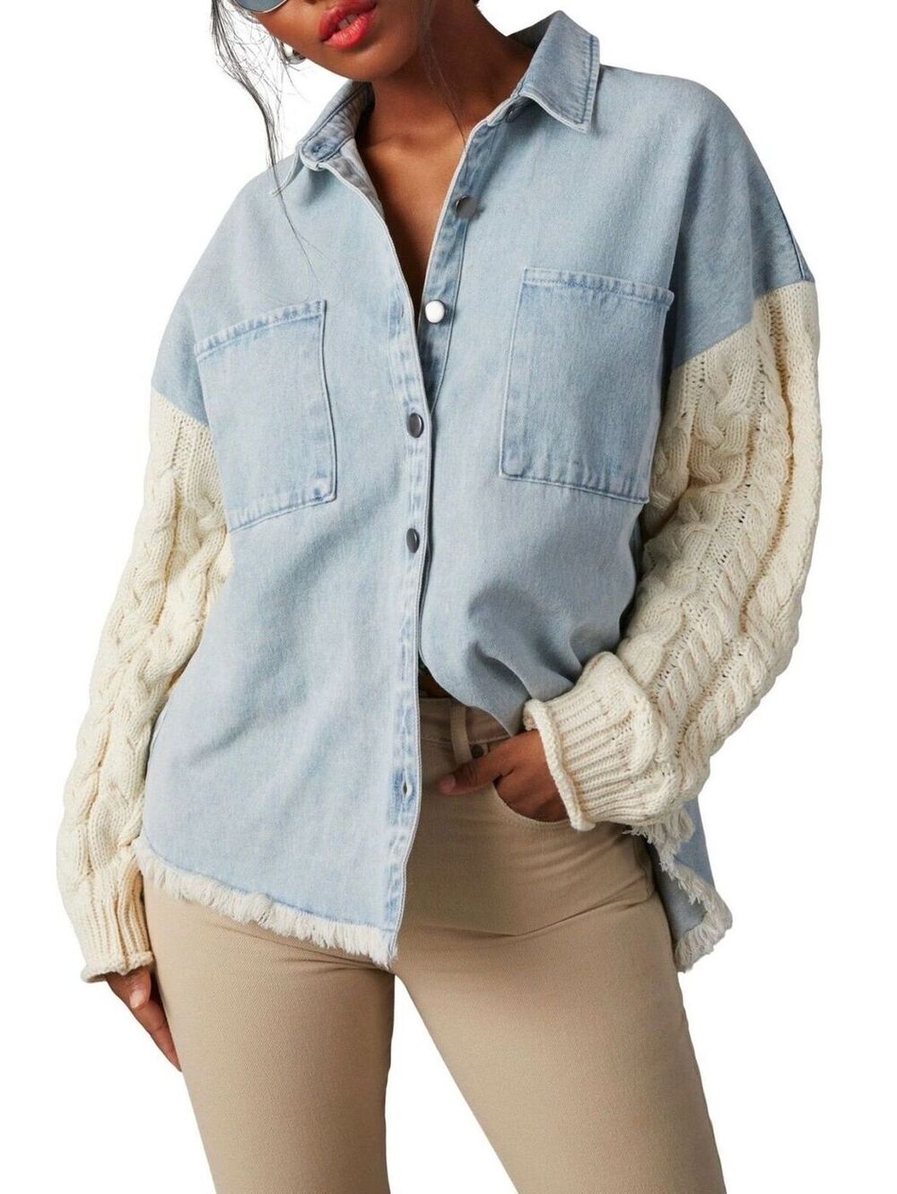 Blu Pepper Contrast Denim Cable Knit Oversized Shacket Size S